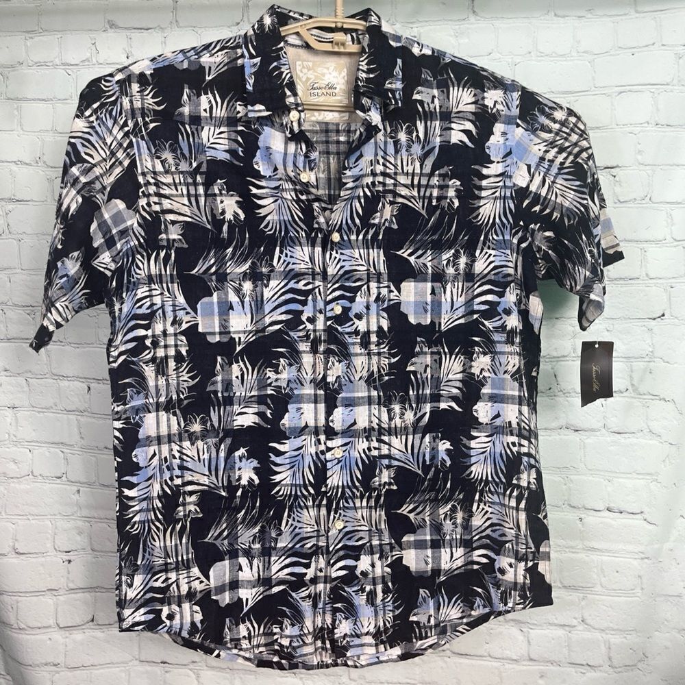 Tasso Elba Men's Hawaiian/Plaid Button Up Shirt, Linen Cotton Size Small NWT